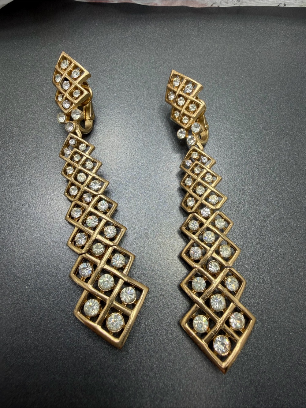 Trifari Gold-Tone Lattice Drop clip Earrings with Rhinestones #309